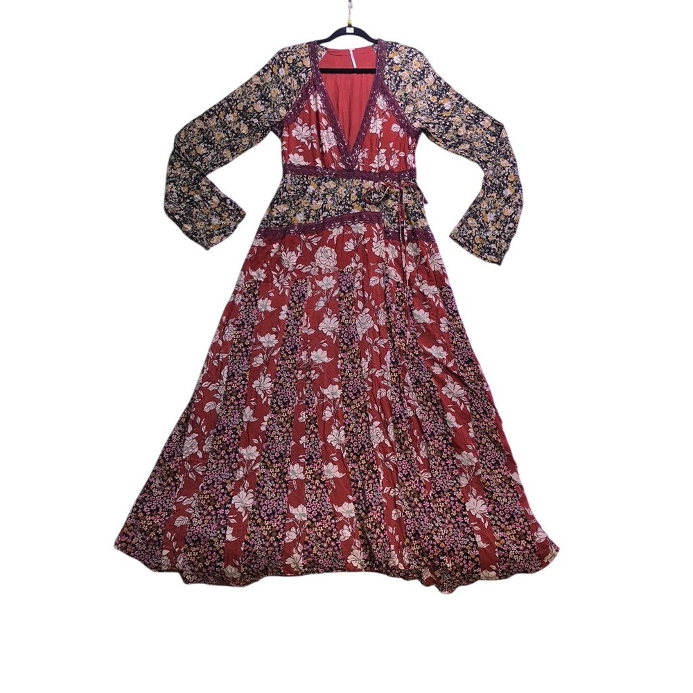 Free People Tilda Wrap Dress Womens M Red Floral Lace Trim Boho Wrap Maxi